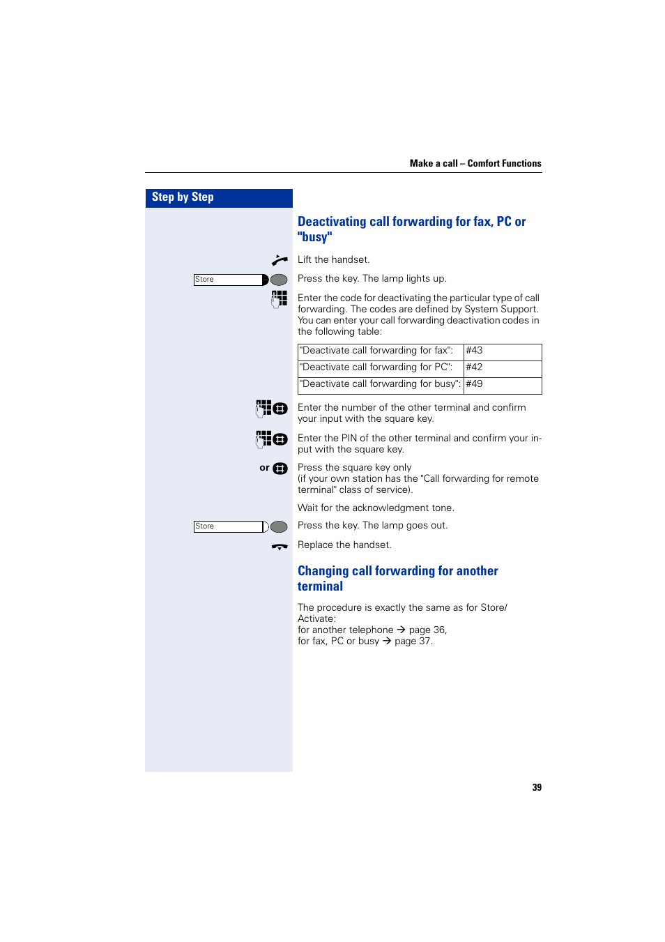 Deactivating call forwarding for fax, pc or "busy, Changing call forwarding for another terminal, Changing call forwarding for another terminal | Siemens HiPath 4000 User Manual | Page 39 / 51