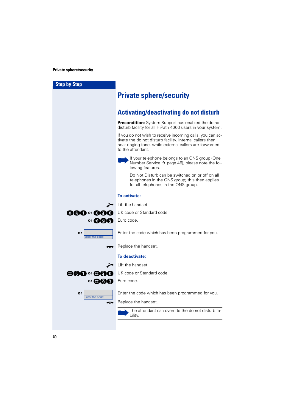 Private sphere/security, Activating/deactivating do not disturb | Siemens HiPath 4000 User Manual | Page 40 / 51