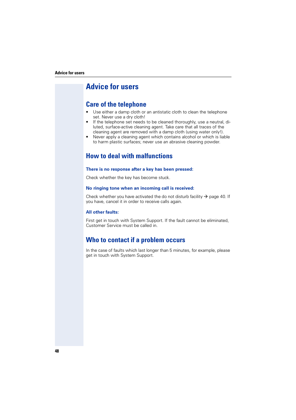 Advice for users, Care of the telephone, How to deal with malfunctions | Who to contact if a problem occurs | Siemens HiPath 4000 User Manual | Page 48 / 51