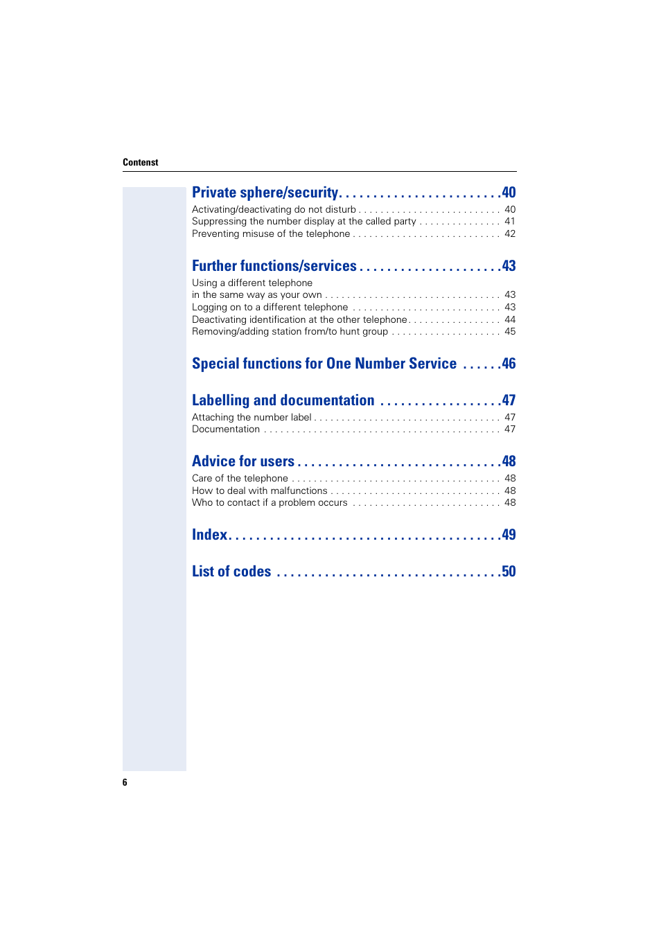 Private sphere/security, Further functions/services, Advice for users | Index list of codes | Siemens HiPath 4000 User Manual | Page 6 / 51