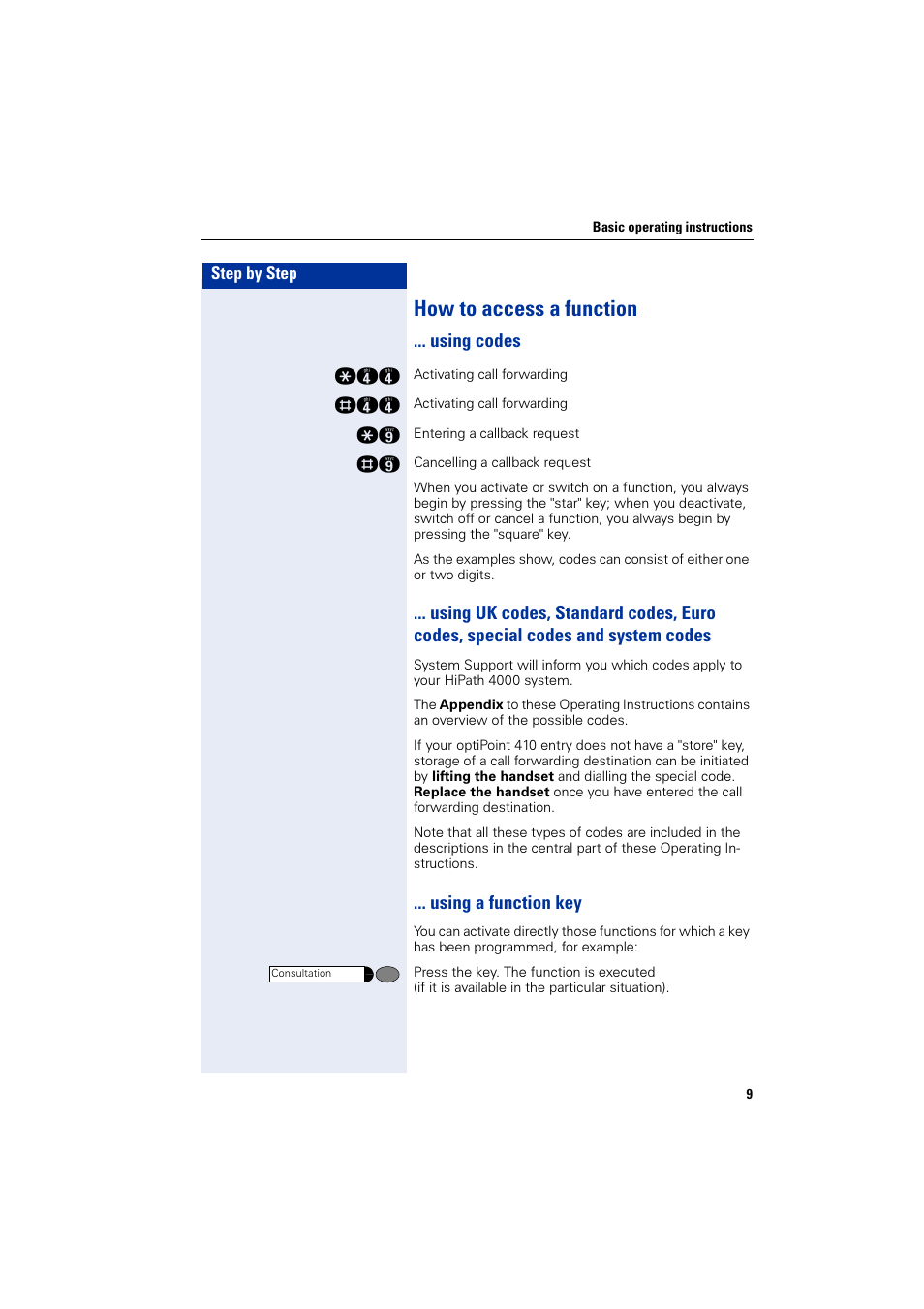 How to access a function, Using codes, Using a function key | Siemens HiPath 4000 User Manual | Page 9 / 51