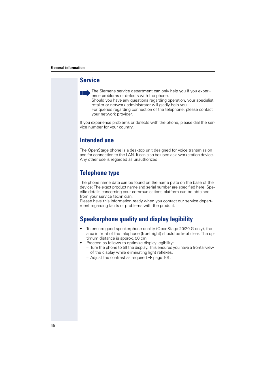 Service, Intended use, Telephone type | Speakerphone quality and display legibility | Siemens OPENSTAGE 20 5000 User Manual | Page 10 / 130