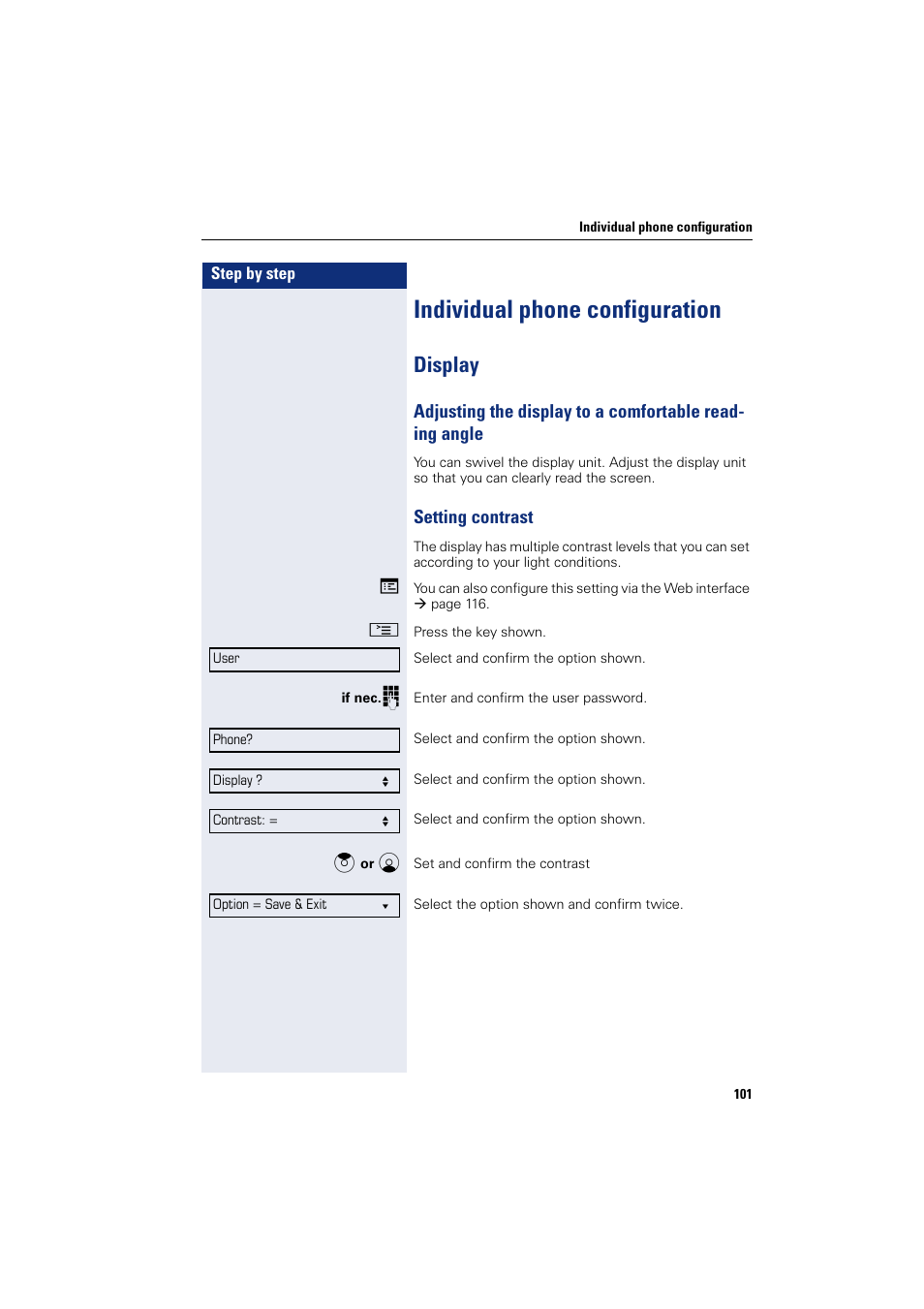 Individual phone configuration, Display, Setting contrast | Siemens OPENSTAGE 20 5000 User Manual | Page 101 / 130