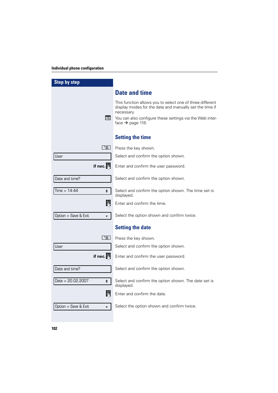 Date and time, Setting the time setting the date, Setting the time | Setting the date | Siemens OPENSTAGE 20 5000 User Manual | Page 102 / 130