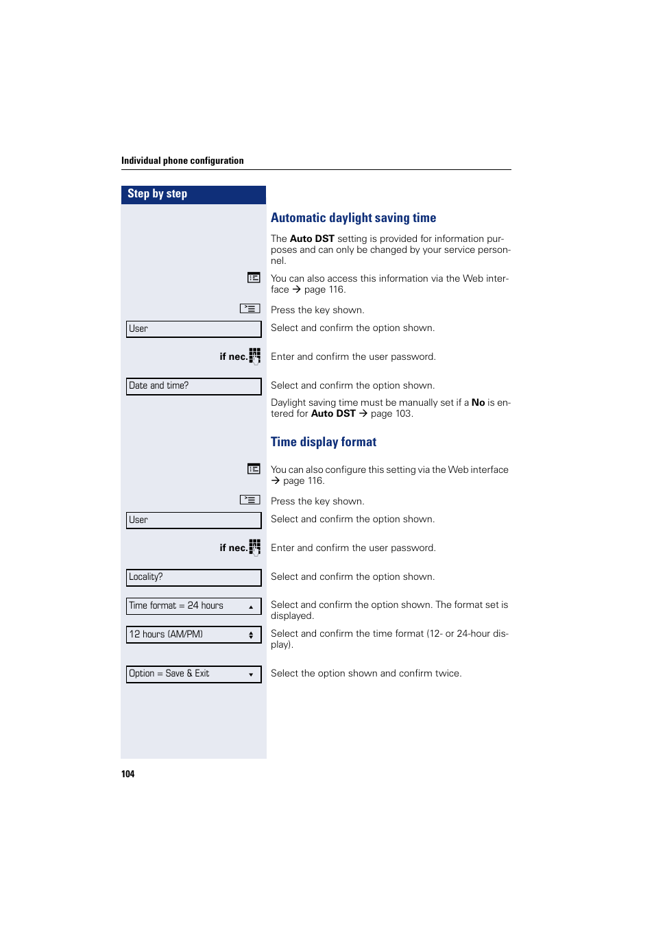 Automatic daylight saving time, Time display format, Automatic daylight saving time time display format | Siemens OPENSTAGE 20 5000 User Manual | Page 104 / 130