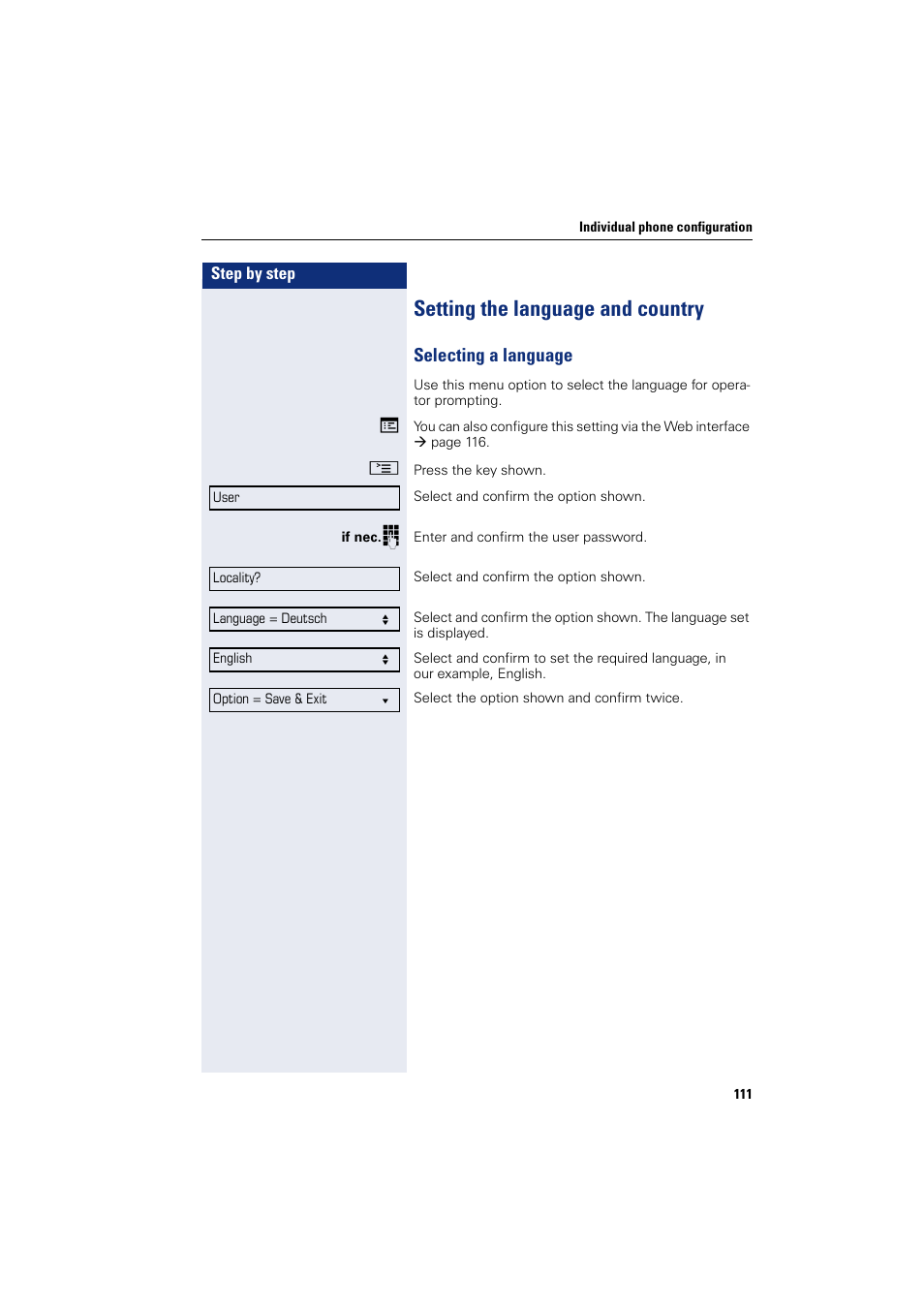 Setting the language and country, Selecting a language | Siemens OPENSTAGE 20 5000 User Manual | Page 111 / 130