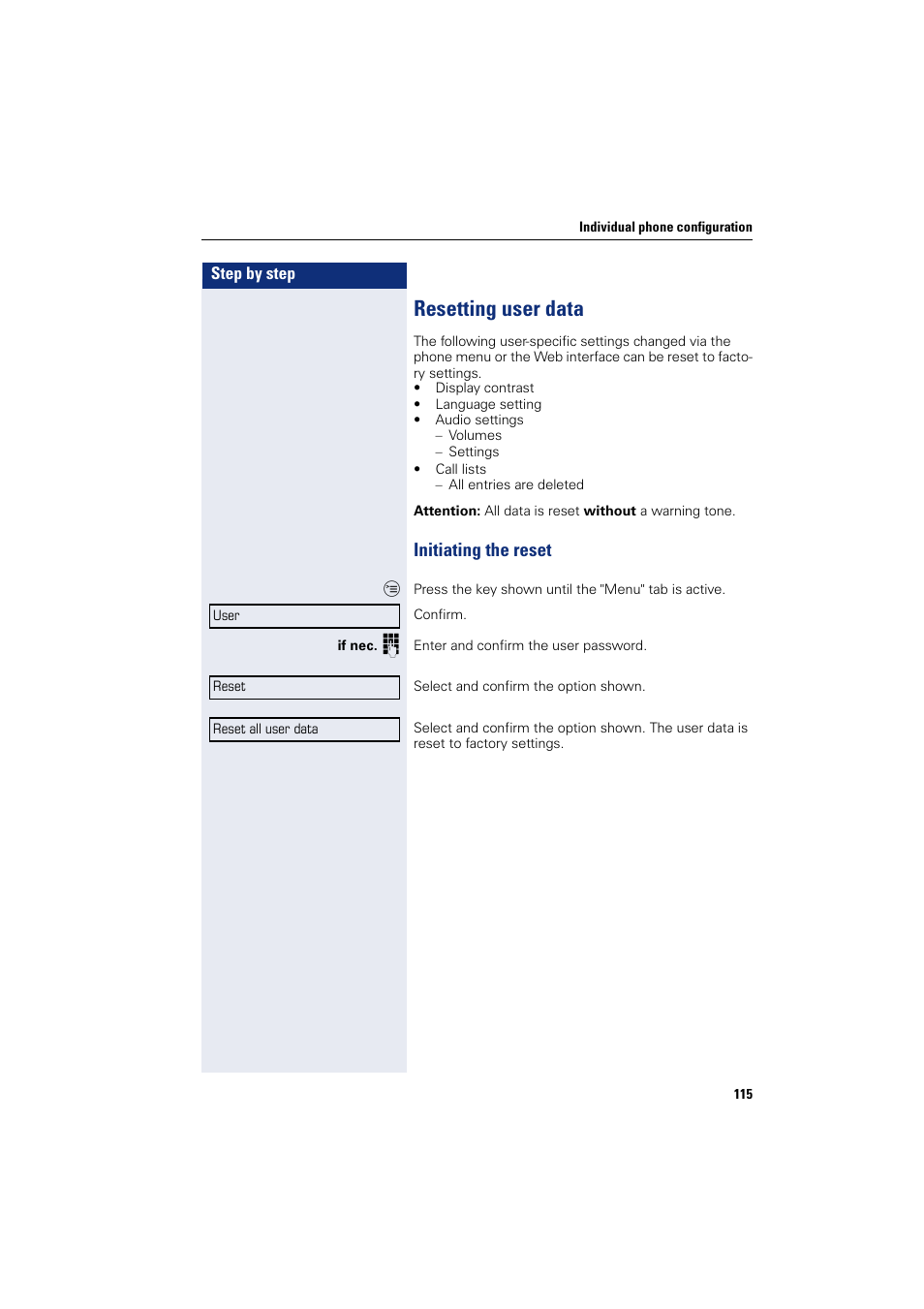 Resetting user data, Initiating the reset | Siemens OPENSTAGE 20 5000 User Manual | Page 115 / 130