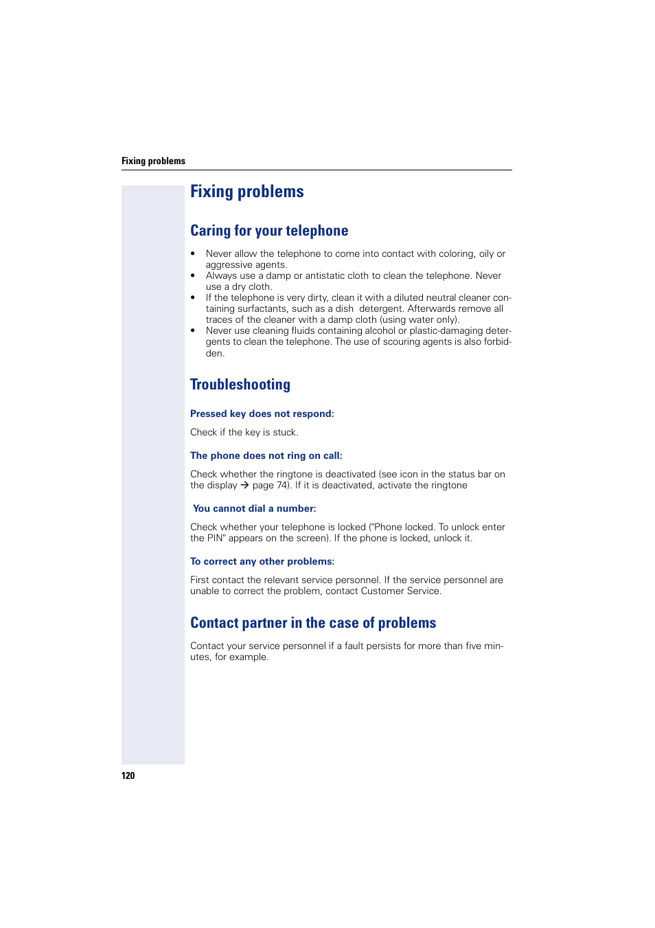 Fixing problems, Caring for your telephone, Troubleshooting | Contact partner in the case of problems | Siemens OPENSTAGE 20 5000 User Manual | Page 120 / 130