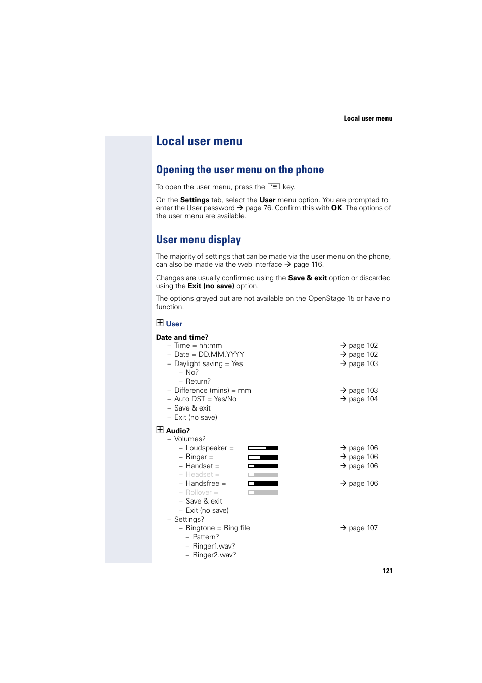 Local user menu, Opening the user menu on the phone, User menu display | Siemens OPENSTAGE 20 5000 User Manual | Page 121 / 130