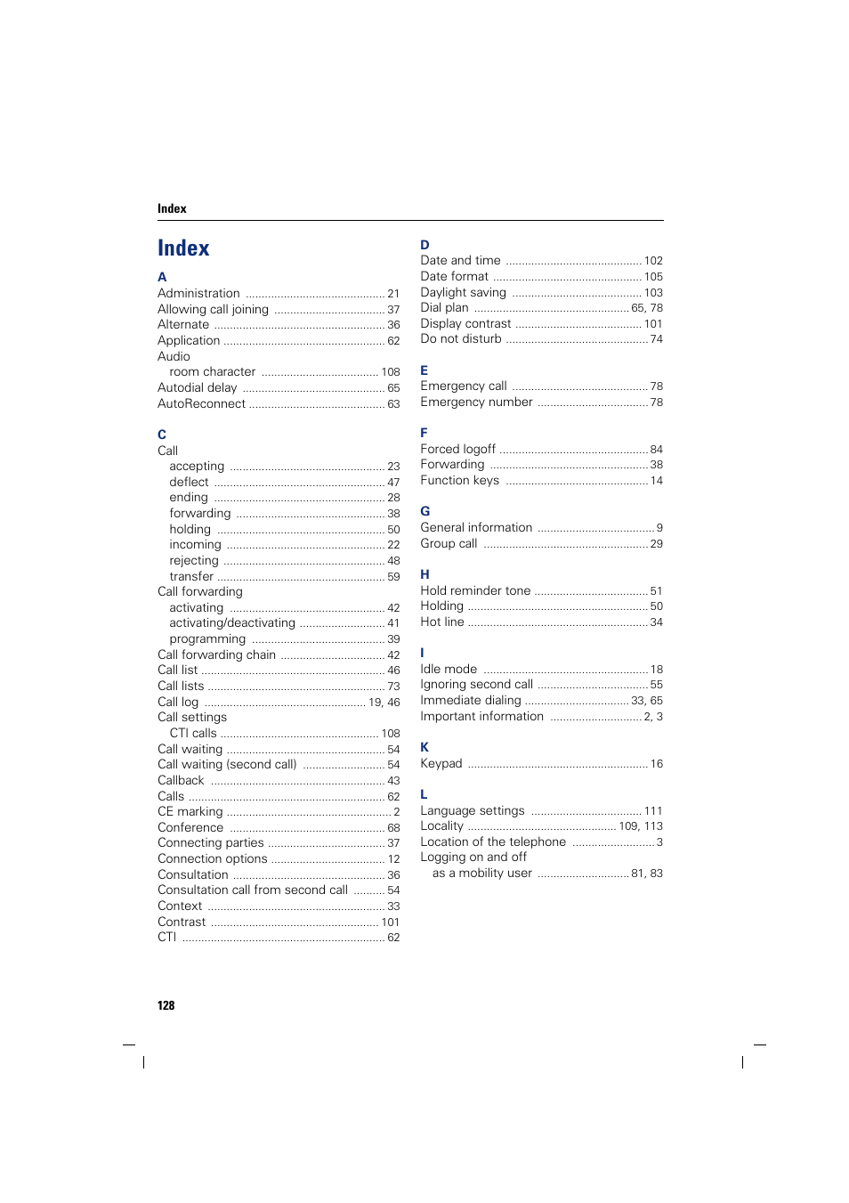 Index | Siemens OPENSTAGE 20 5000 User Manual | Page 128 / 130