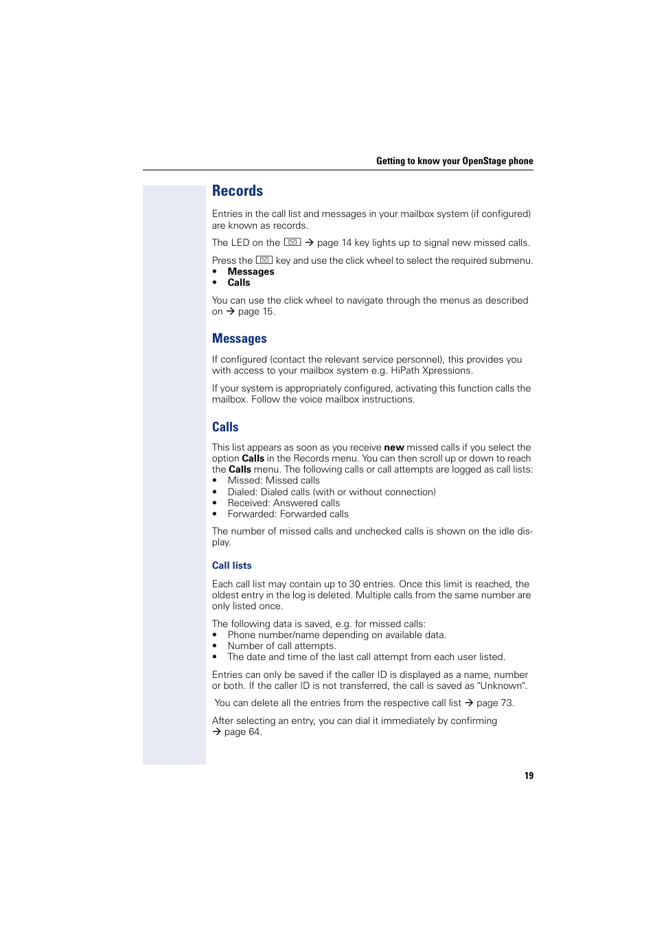 Records, Messages calls, Messages | Calls | Siemens OPENSTAGE 20 5000 User Manual | Page 19 / 130