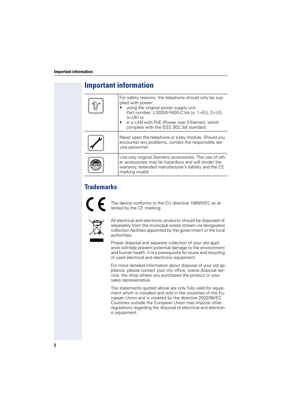 Important information, Trademarks | Siemens OPENSTAGE 20 5000 User Manual | Page 2 / 130