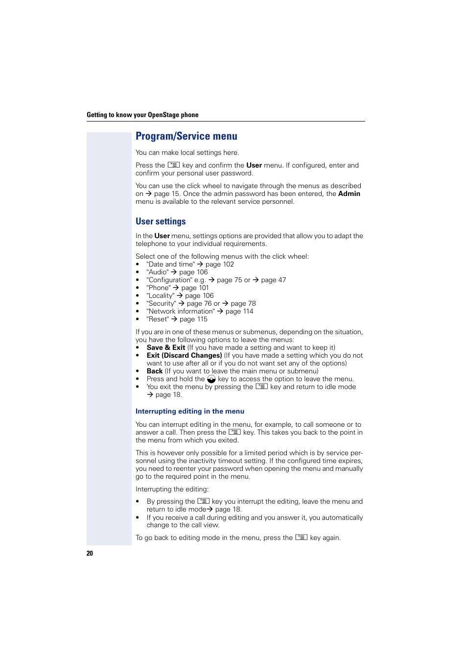 Program/service menu, User settings | Siemens OPENSTAGE 20 5000 User Manual | Page 20 / 130