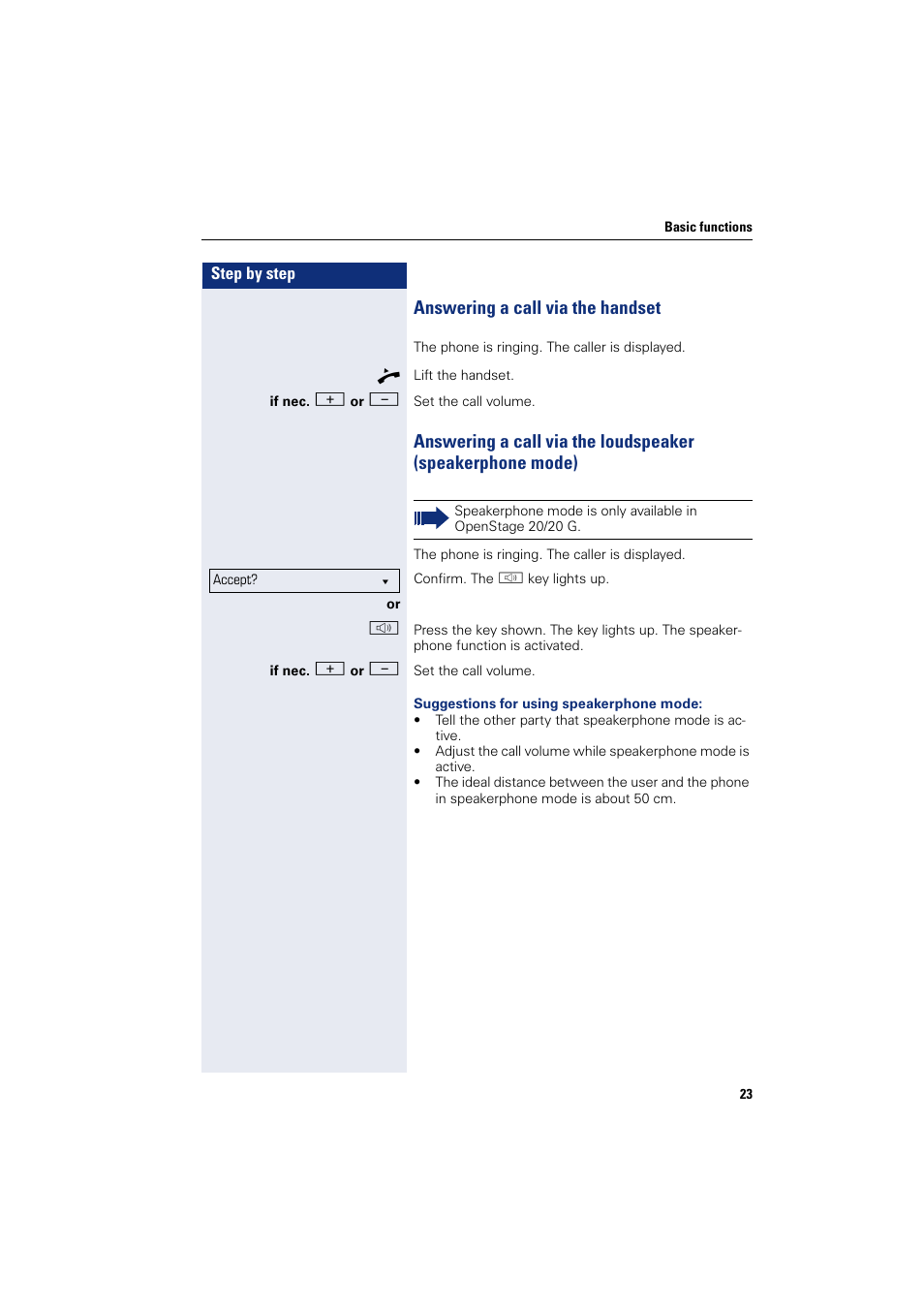 Answering a call via the handset | Siemens OPENSTAGE 20 5000 User Manual | Page 23 / 130