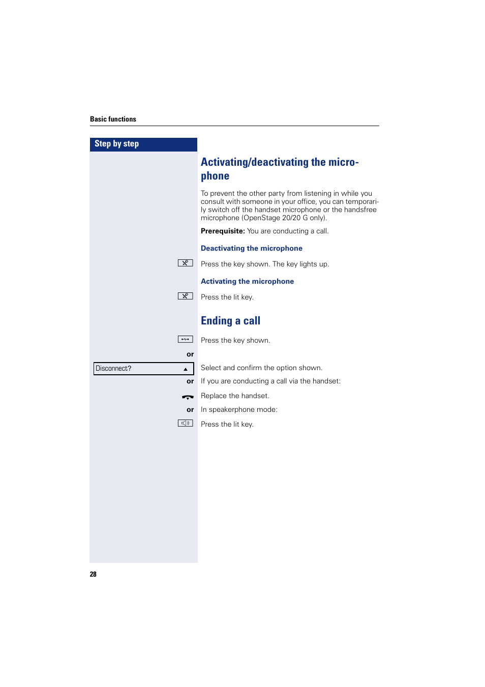 Activating/deactivating the microphone, Ending a call, Activating/deactivating the micro- phone | Siemens OPENSTAGE 20 5000 User Manual | Page 28 / 130