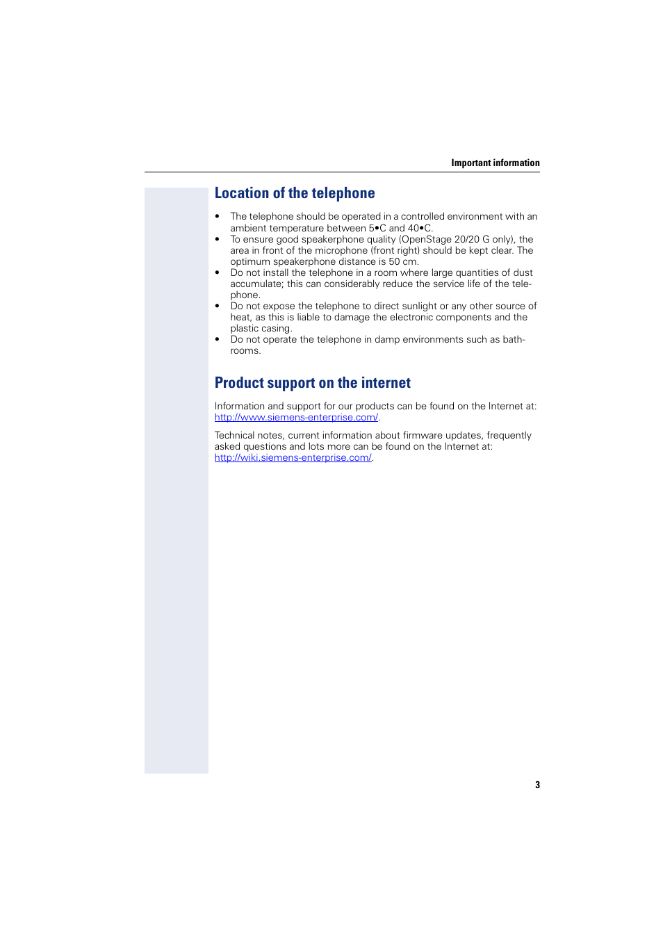 Location of the telephone, Product support on the internet | Siemens OPENSTAGE 20 5000 User Manual | Page 3 / 130