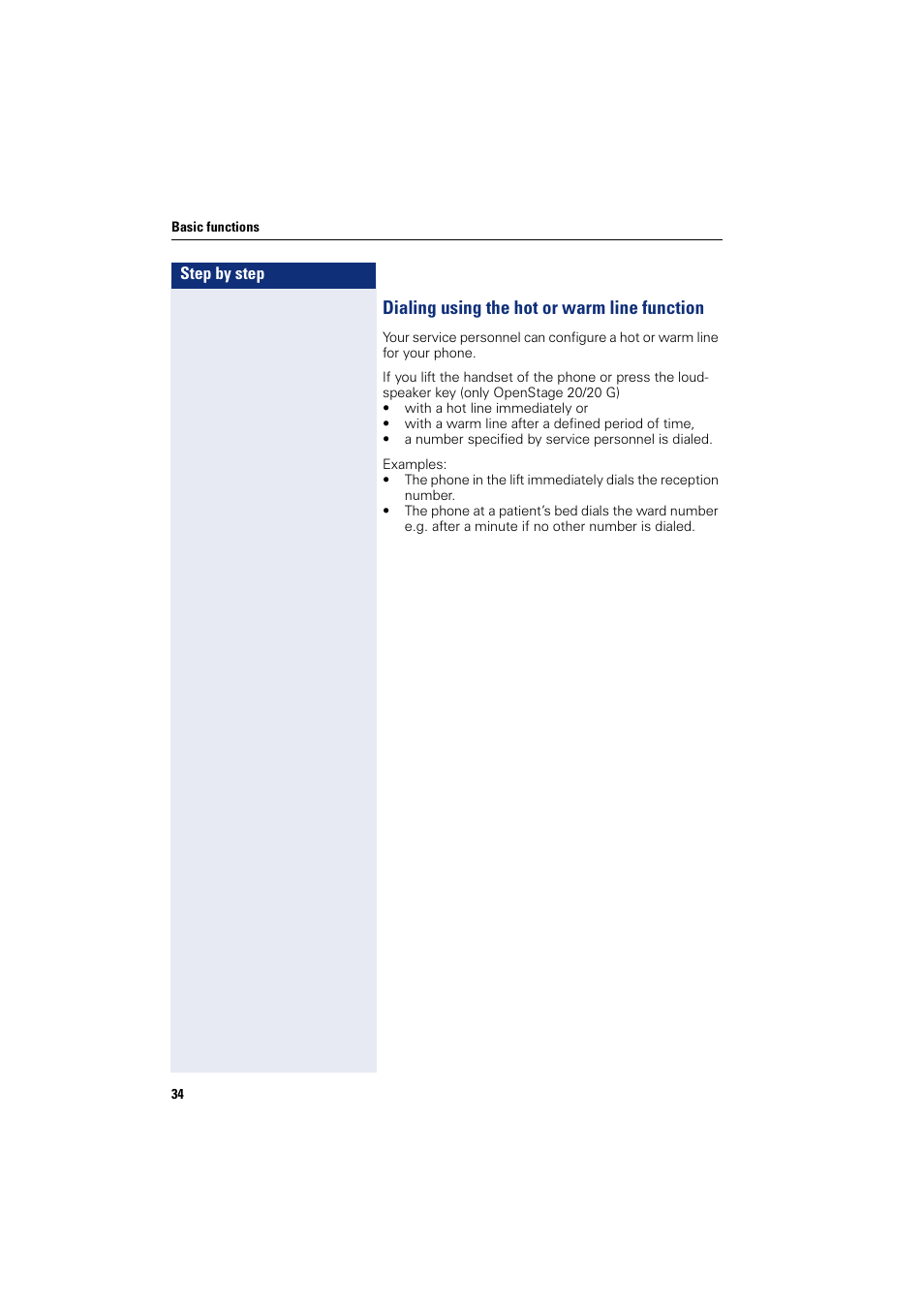 Dialing using the hot or warm line function | Siemens OPENSTAGE 20 5000 User Manual | Page 34 / 130