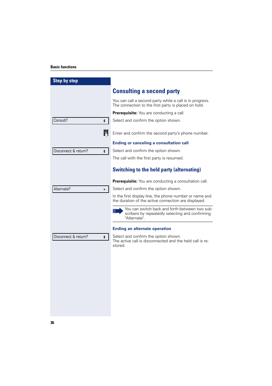 Consulting a second party, Switching to the held party (alternating) | Siemens OPENSTAGE 20 5000 User Manual | Page 36 / 130