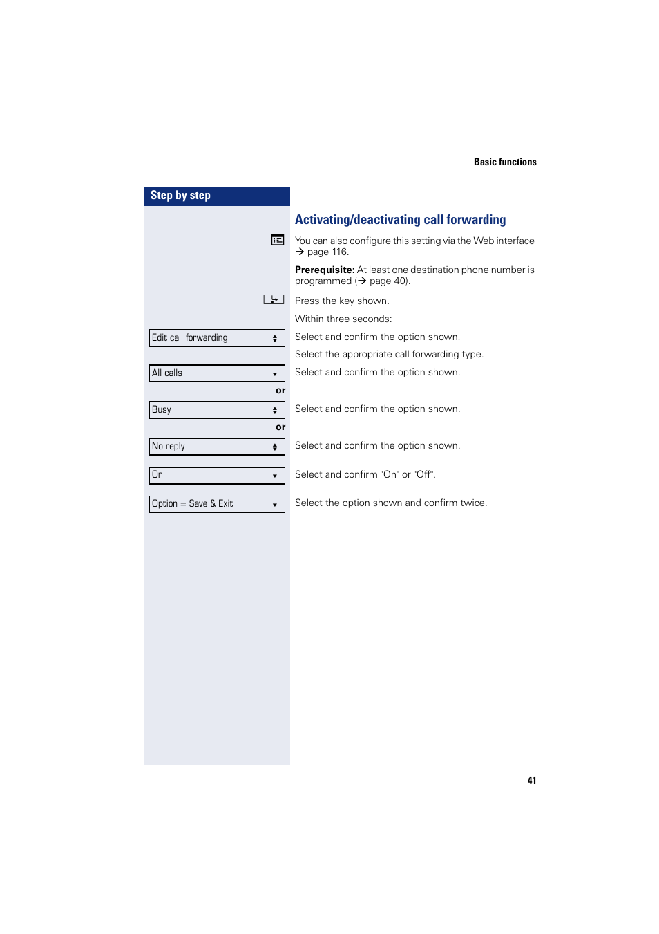 Activating/deactivating call forwarding | Siemens OPENSTAGE 20 5000 User Manual | Page 41 / 130