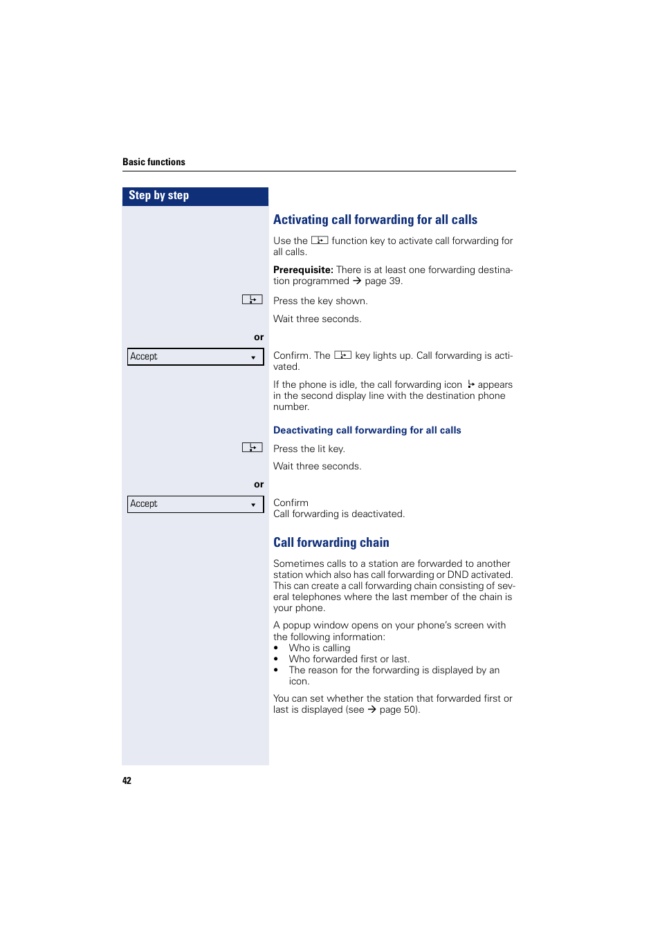 Activating call forwarding for all calls, Call forwarding chain | Siemens OPENSTAGE 20 5000 User Manual | Page 42 / 130