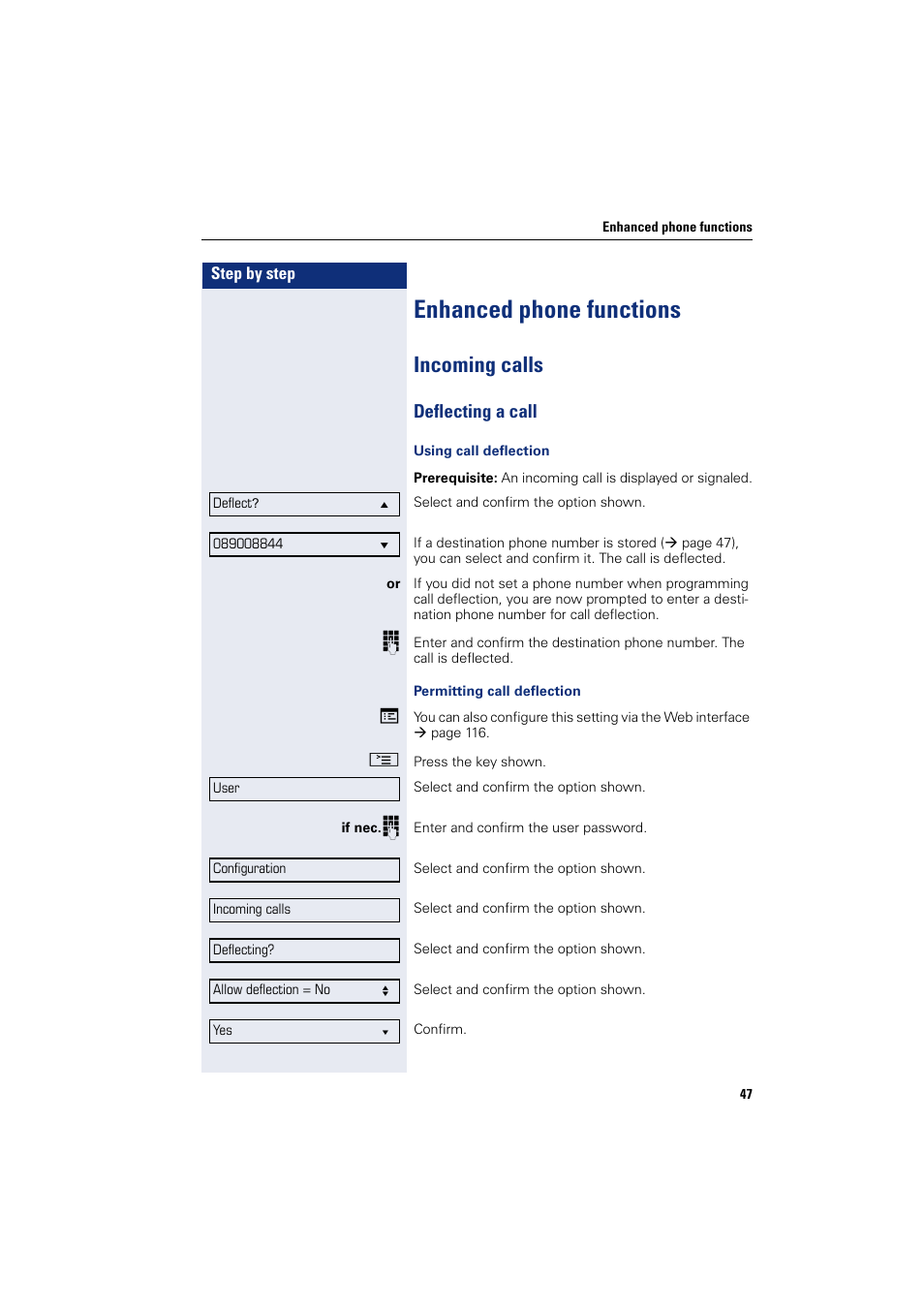 Enhanced phone functions, Incoming calls, Deflecting a call | Siemens OPENSTAGE 20 5000 User Manual | Page 47 / 130