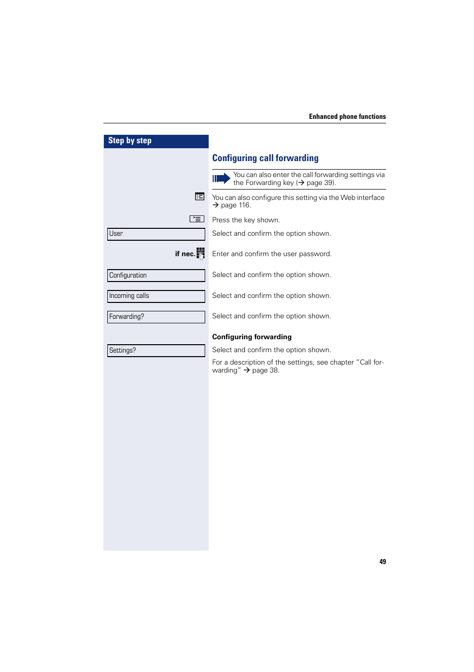Configuring call forwarding, Menu | Siemens OPENSTAGE 20 5000 User Manual | Page 49 / 130