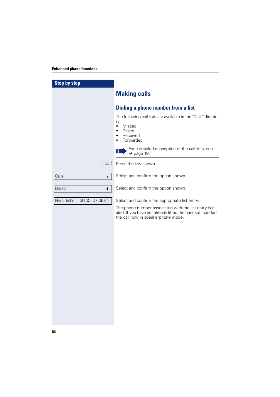 Making calls, Dialing a phone number from a list | Siemens OPENSTAGE 20 5000 User Manual | Page 64 / 130