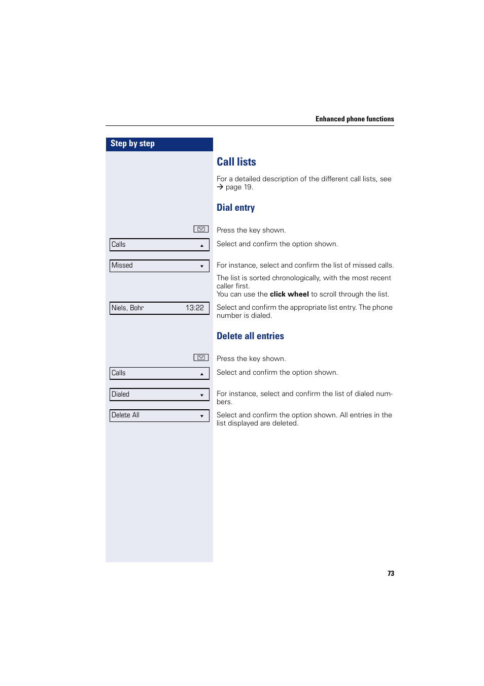 Call lists, Dial entry delete all entries, List | Dial entry, Delete all entries | Siemens OPENSTAGE 20 5000 User Manual | Page 73 / 130