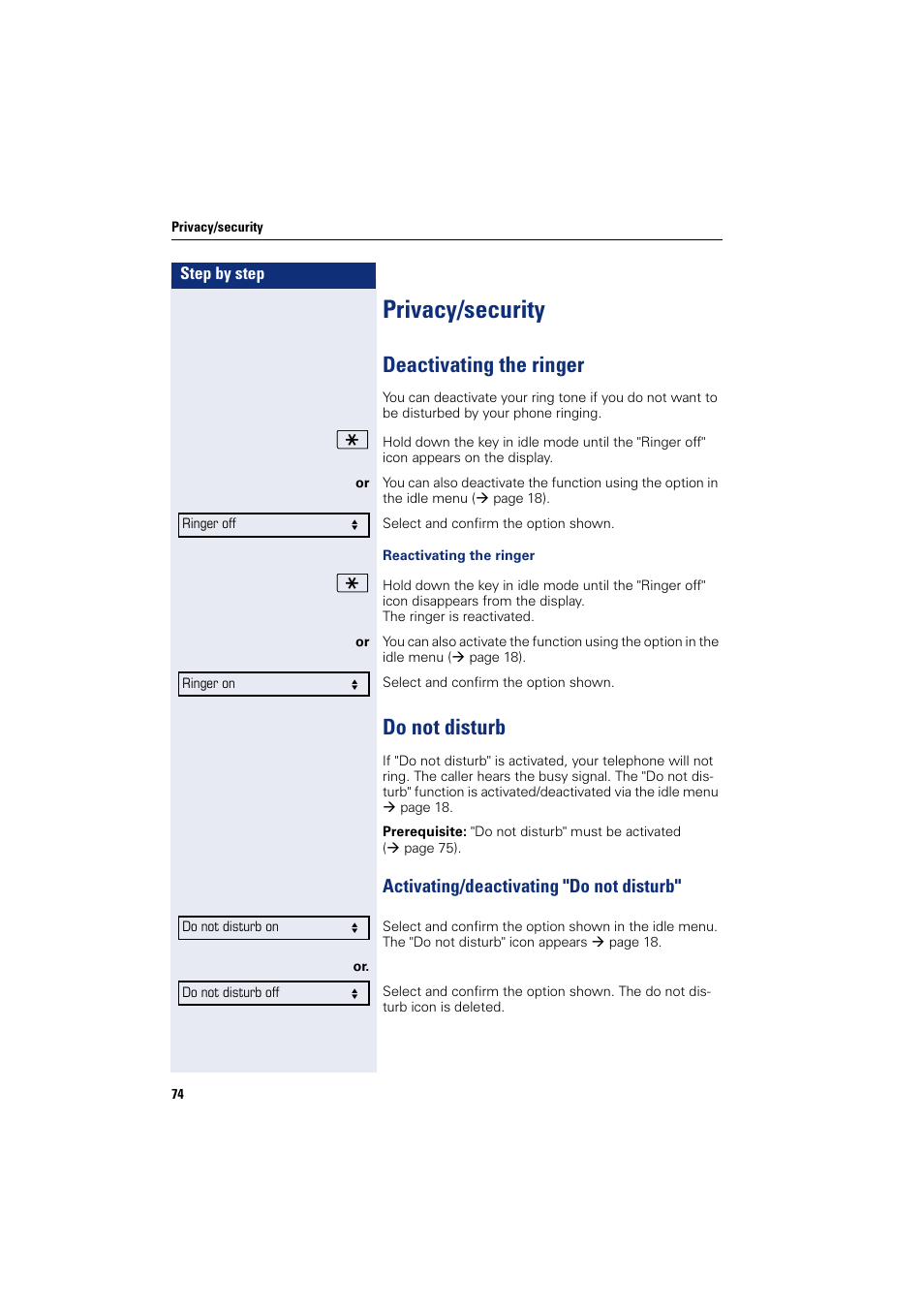 Privacy/security, Deactivating the ringer, Do not disturb | Deactivating the ringer do not disturb, Activating/deactivating "do not disturb | Siemens OPENSTAGE 20 5000 User Manual | Page 74 / 130