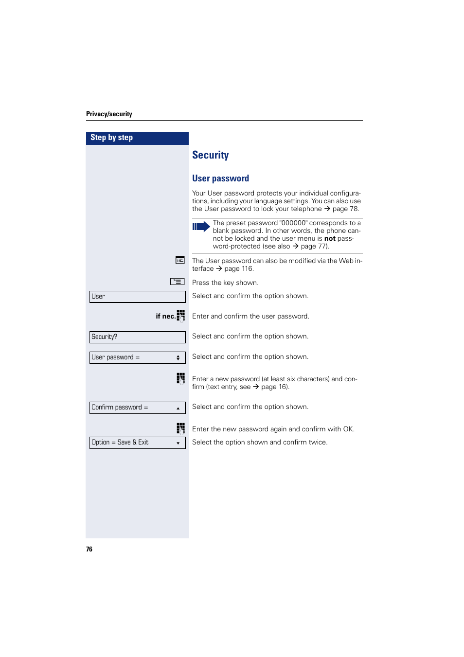 Security, User password | Siemens OPENSTAGE 20 5000 User Manual | Page 76 / 130