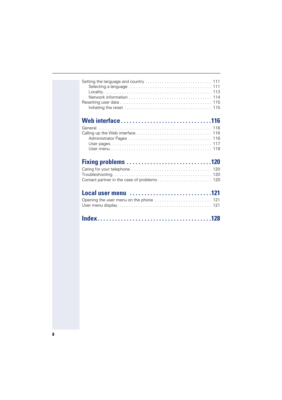 Web interface, Fixing problems, Local user menu | Index | Siemens OPENSTAGE 20 5000 User Manual | Page 8 / 130