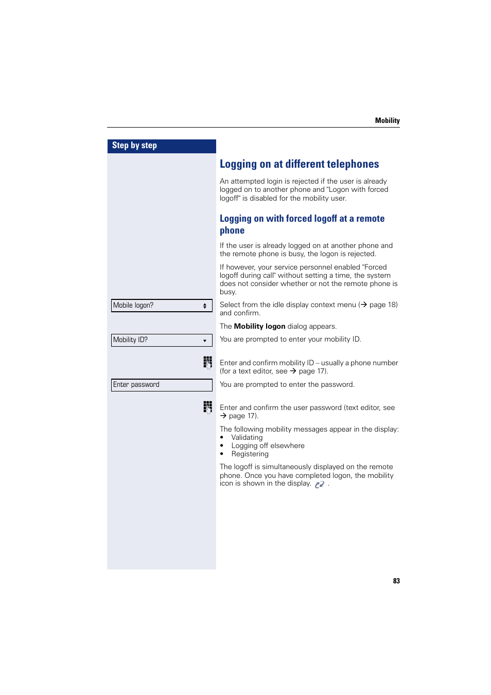 Logging on at different telephones, Logging on with forced logoff at a remote phone | Siemens OPENSTAGE 20 5000 User Manual | Page 83 / 130