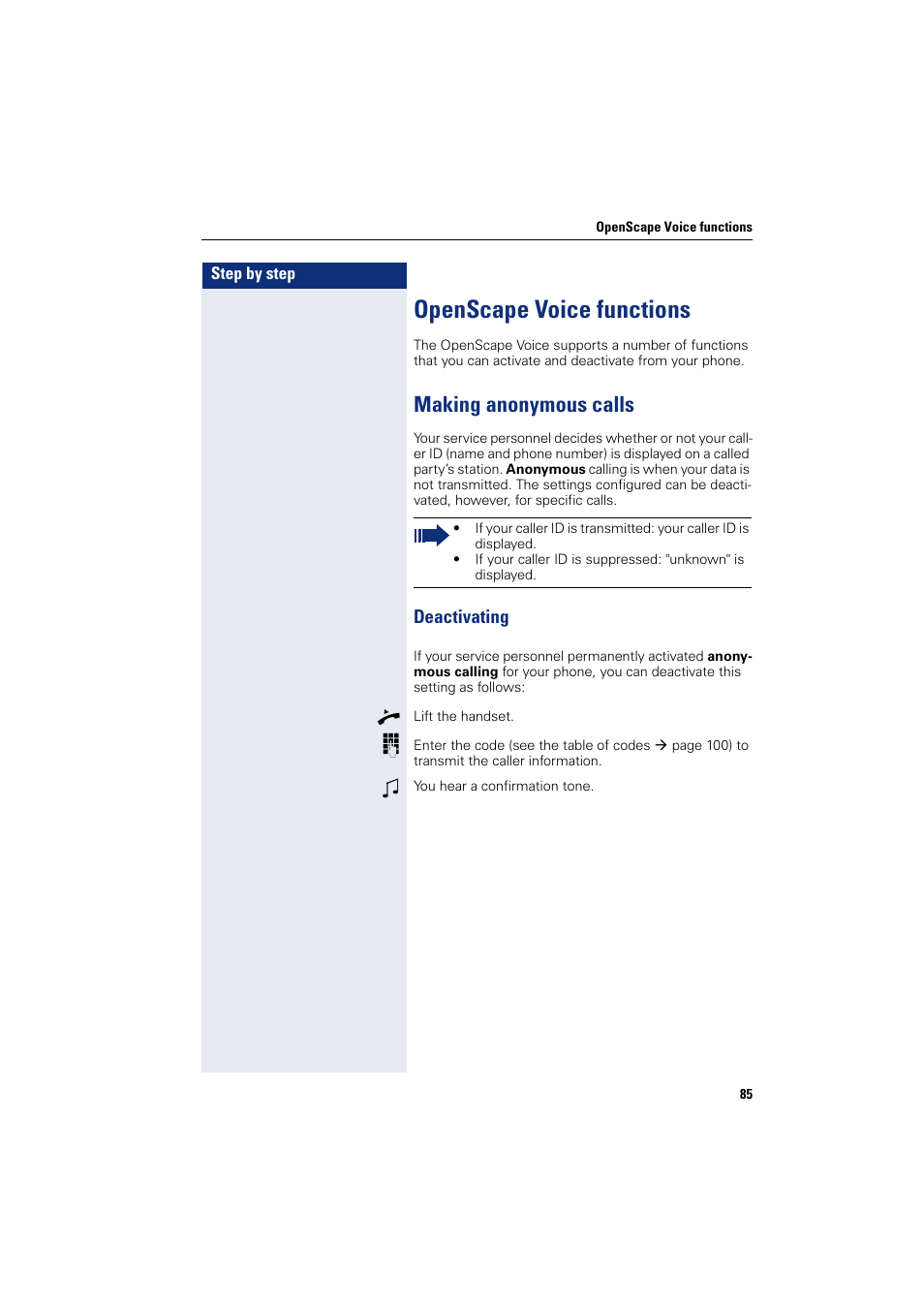 Openscape voice functions, Making anonymous calls, Deactivating | Siemens OPENSTAGE 20 5000 User Manual | Page 85 / 130