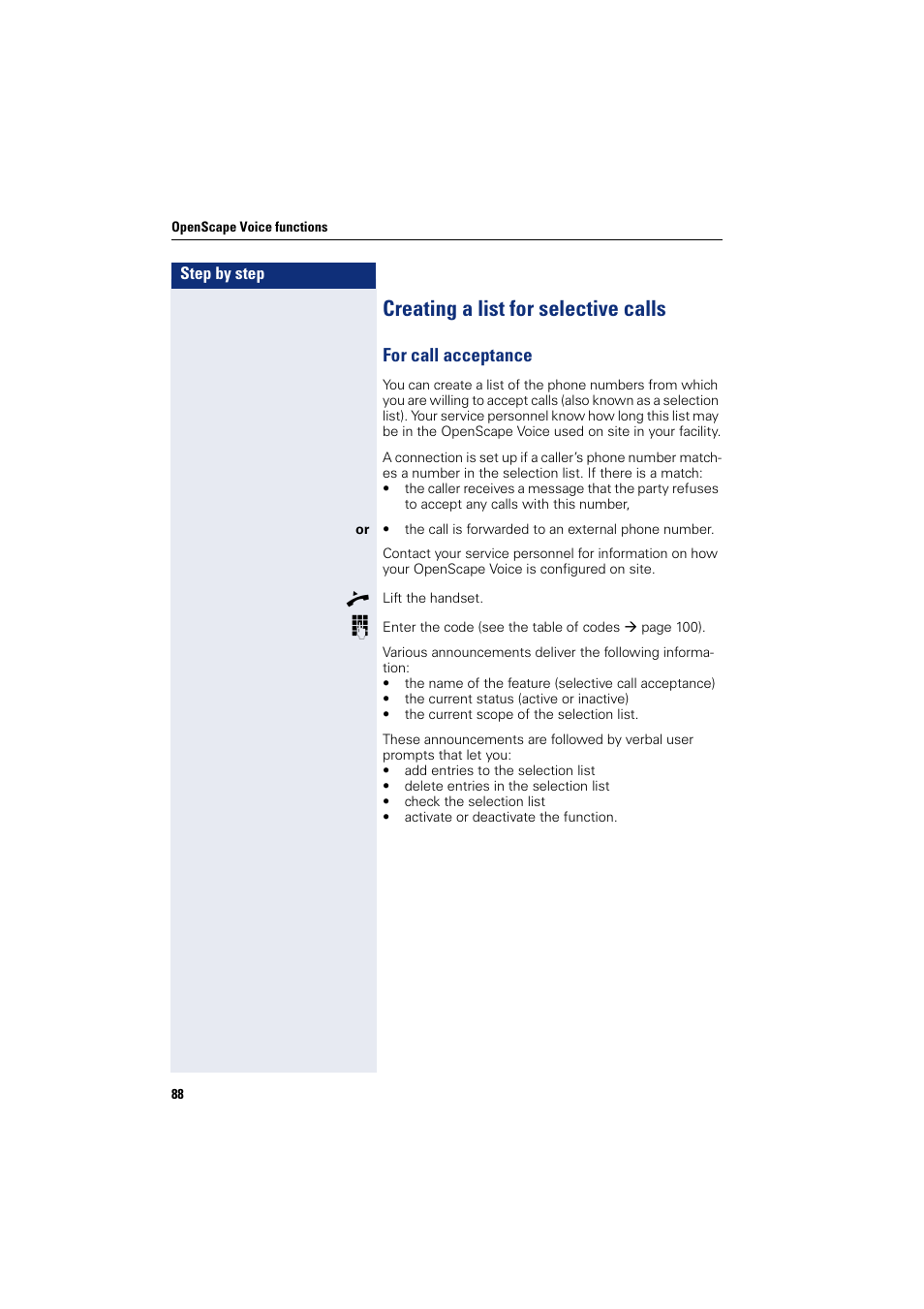 Creating a list for selective calls, For call acceptance | Siemens OPENSTAGE 20 5000 User Manual | Page 88 / 130