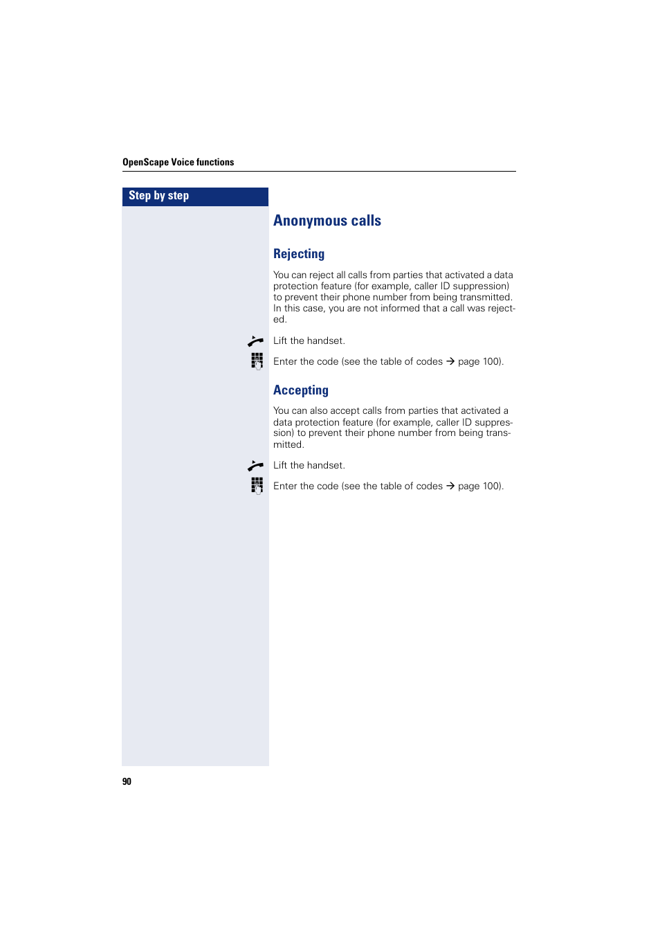 Anonymous calls, Rejecting, Rejecting accepting | Siemens OPENSTAGE 20 5000 User Manual | Page 90 / 130