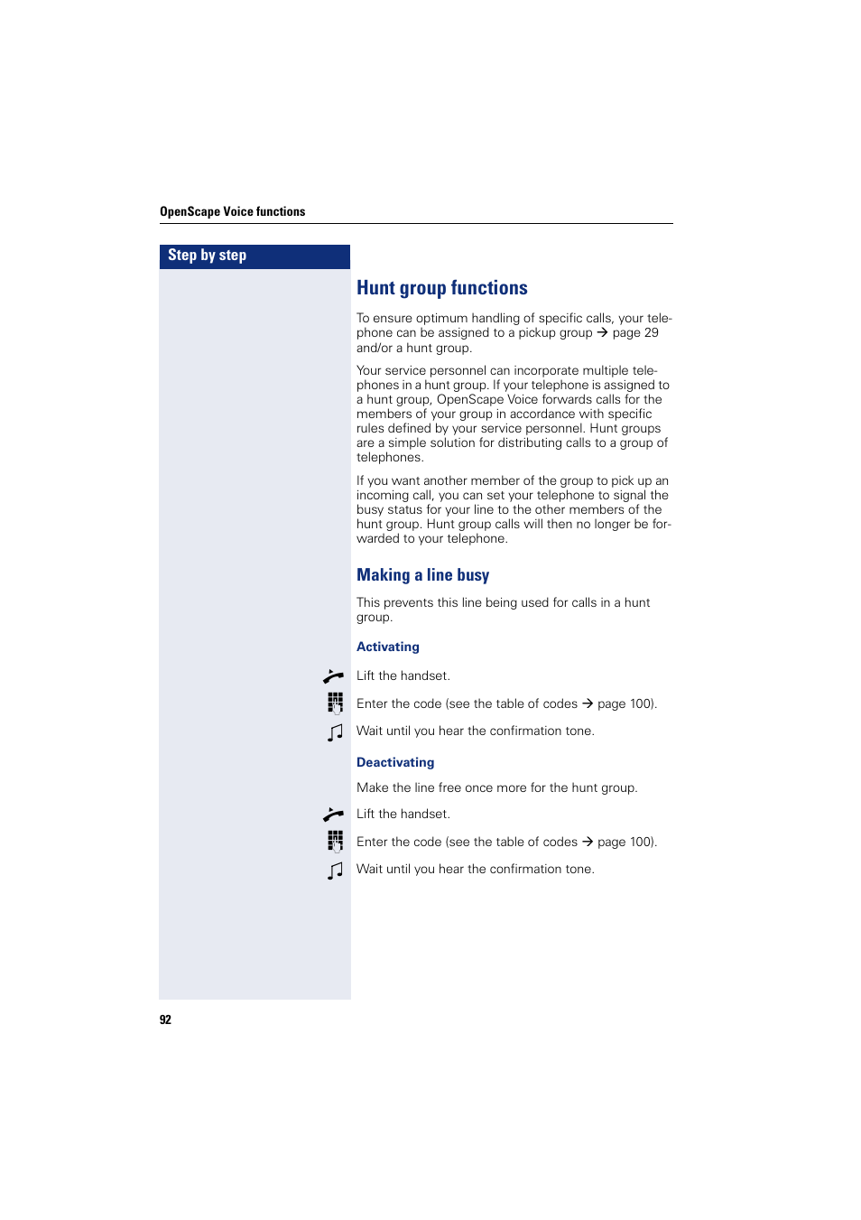 Hunt group functions, Making a line busy | Siemens OPENSTAGE 20 5000 User Manual | Page 92 / 130