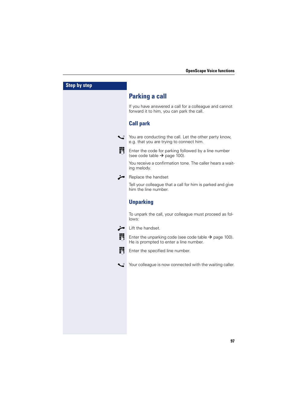 Parking a call, Call park unparking | Siemens OPENSTAGE 20 5000 User Manual | Page 97 / 130