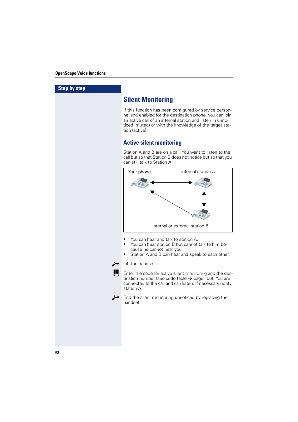 Silent monitoring, Active silent monitoring | Siemens OPENSTAGE 20 5000 User Manual | Page 98 / 130