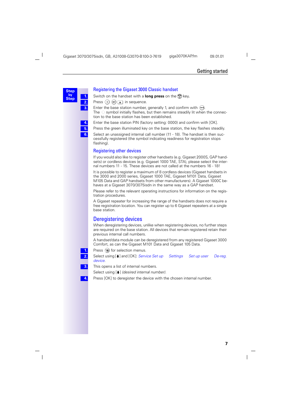 H2 - deregistering devices, Deregistering devices, Getting started | Registering the gigaset 3000 classic handset, Registering other devices | Siemens Gigaset 75 User Manual | Page 11 / 83