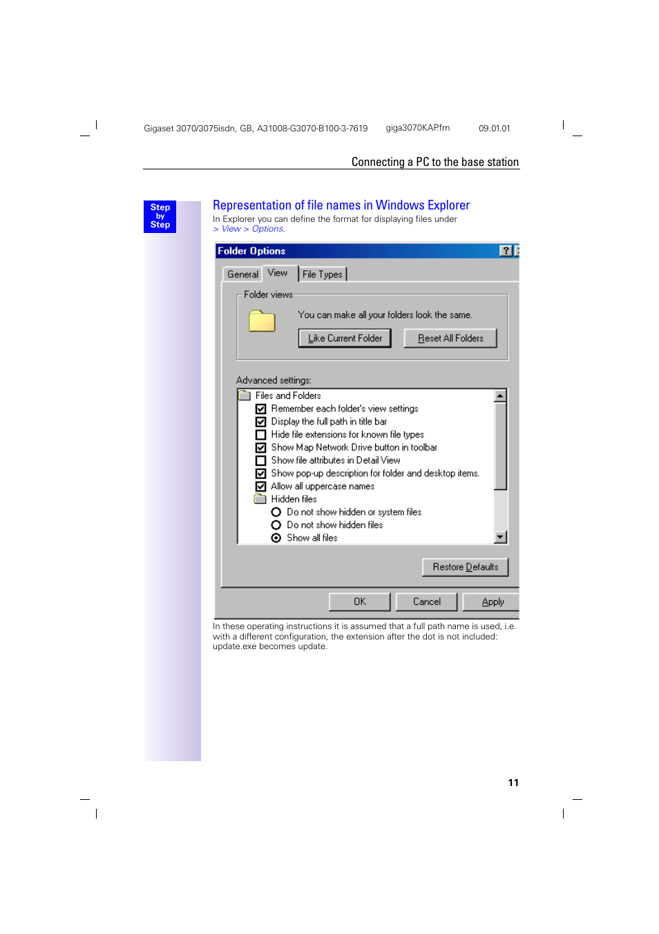 Representation of file names in windows explorer, Connecting a pc to the base station | Siemens Gigaset 75 User Manual | Page 15 / 83