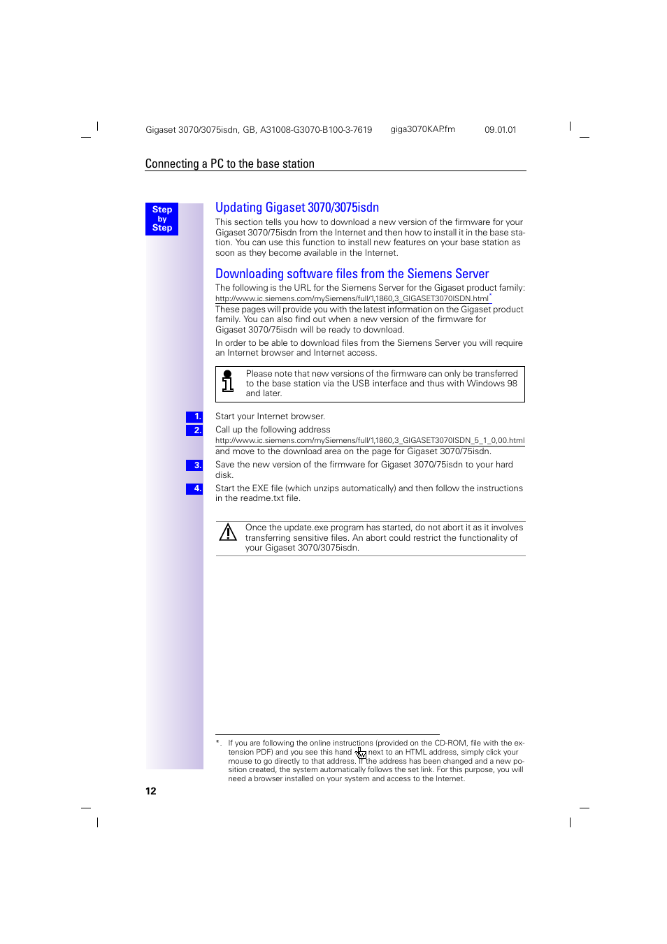 H2.pb - updating gigaset 3070/3075isdn, Updating gigaset 3070/3075isdn, Downloading software files from the siemens server | Connecting a pc to the base station | Siemens Gigaset 75 User Manual | Page 16 / 83