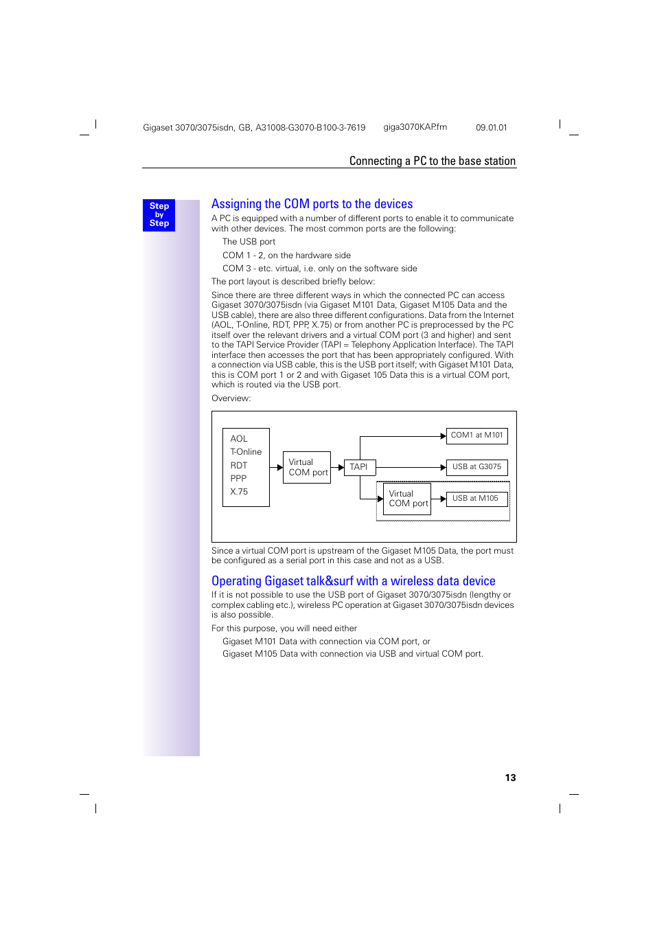 H2.pb - assigning the com ports to the devices, Assigning the com ports to the devices, Connecting a pc to the base station | Siemens Gigaset 75 User Manual | Page 17 / 83