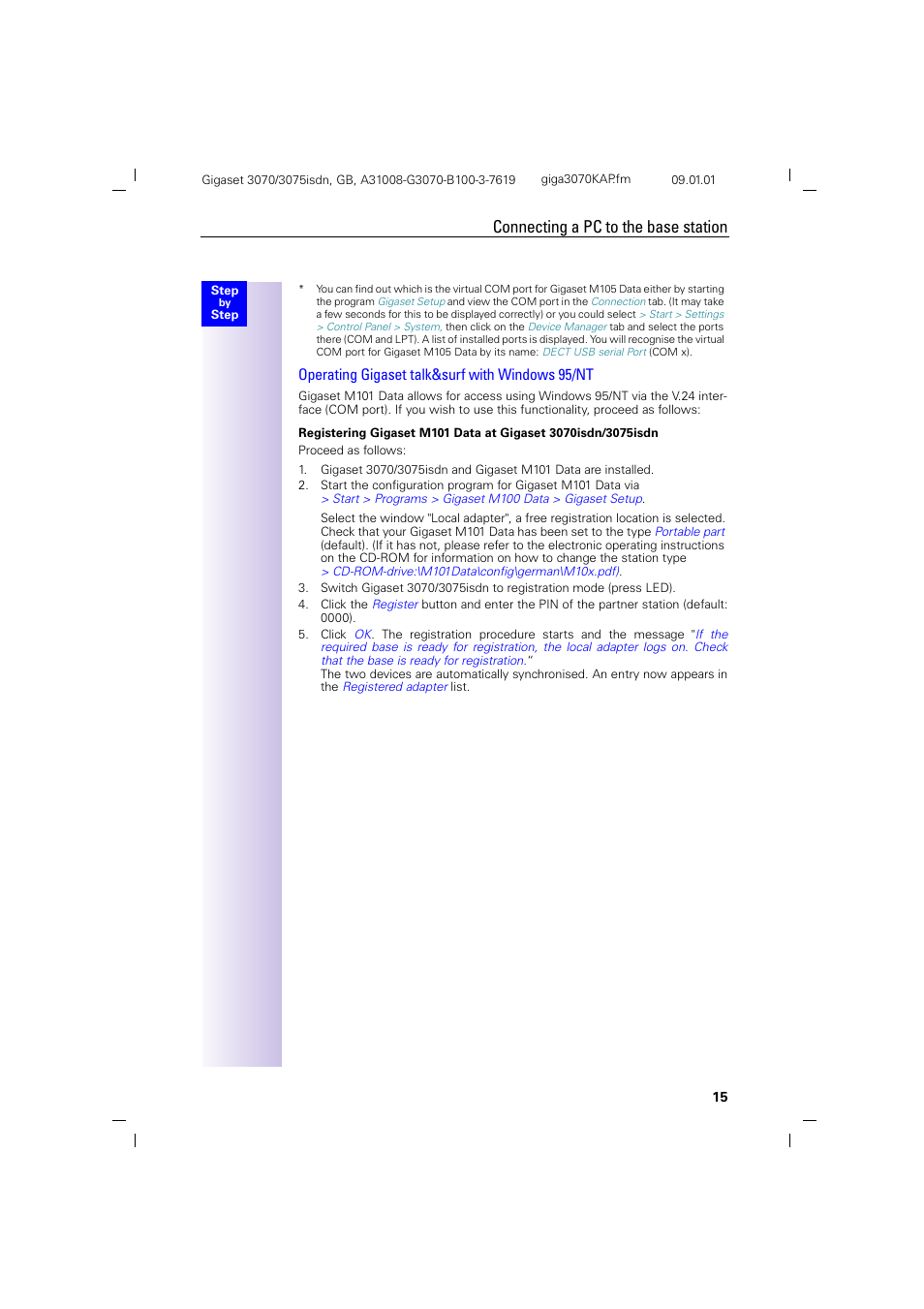 Connecting a pc to the base station, Operating gigaset talk&surf with windows 95/nt | Siemens Gigaset 75 User Manual | Page 19 / 83