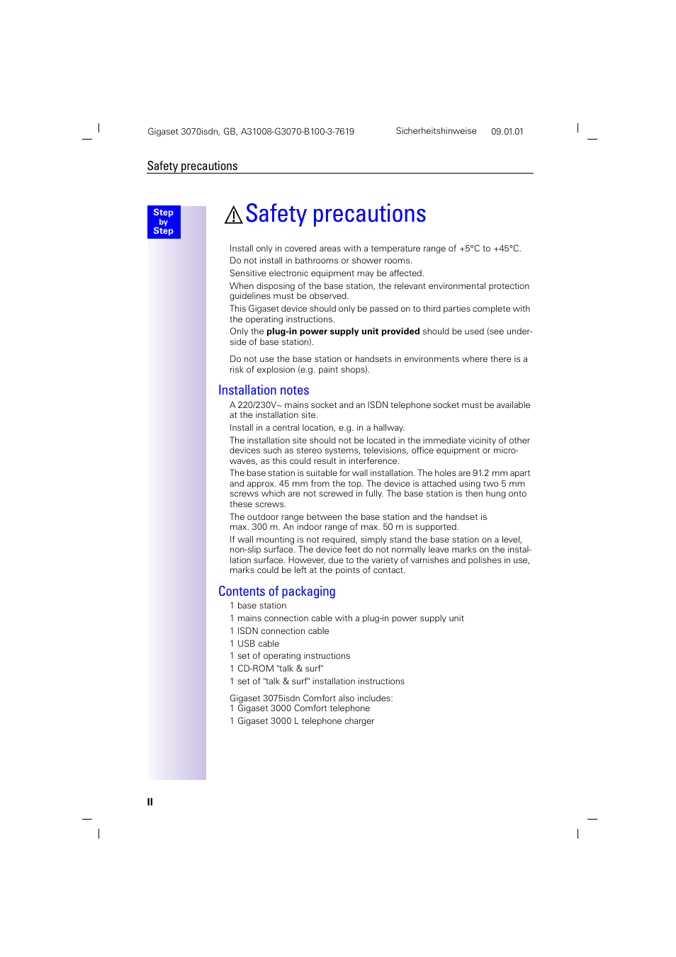 H1 - safety precautions, Contents of packaging, Safety precautions | Siemens Gigaset 75 User Manual | Page 2 / 83