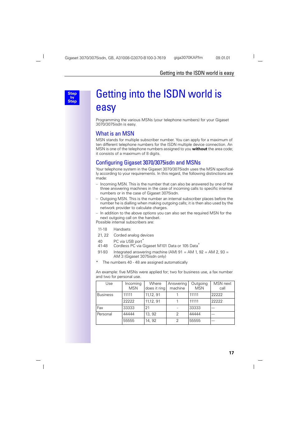 H1 - getting into the isdn world is easy, H2 - what is an msn, H2 - configuring gigaset 3070/3075isdn and msns | Getting into the isdn world is easy, What is an msn | Siemens Gigaset 75 User Manual | Page 21 / 83