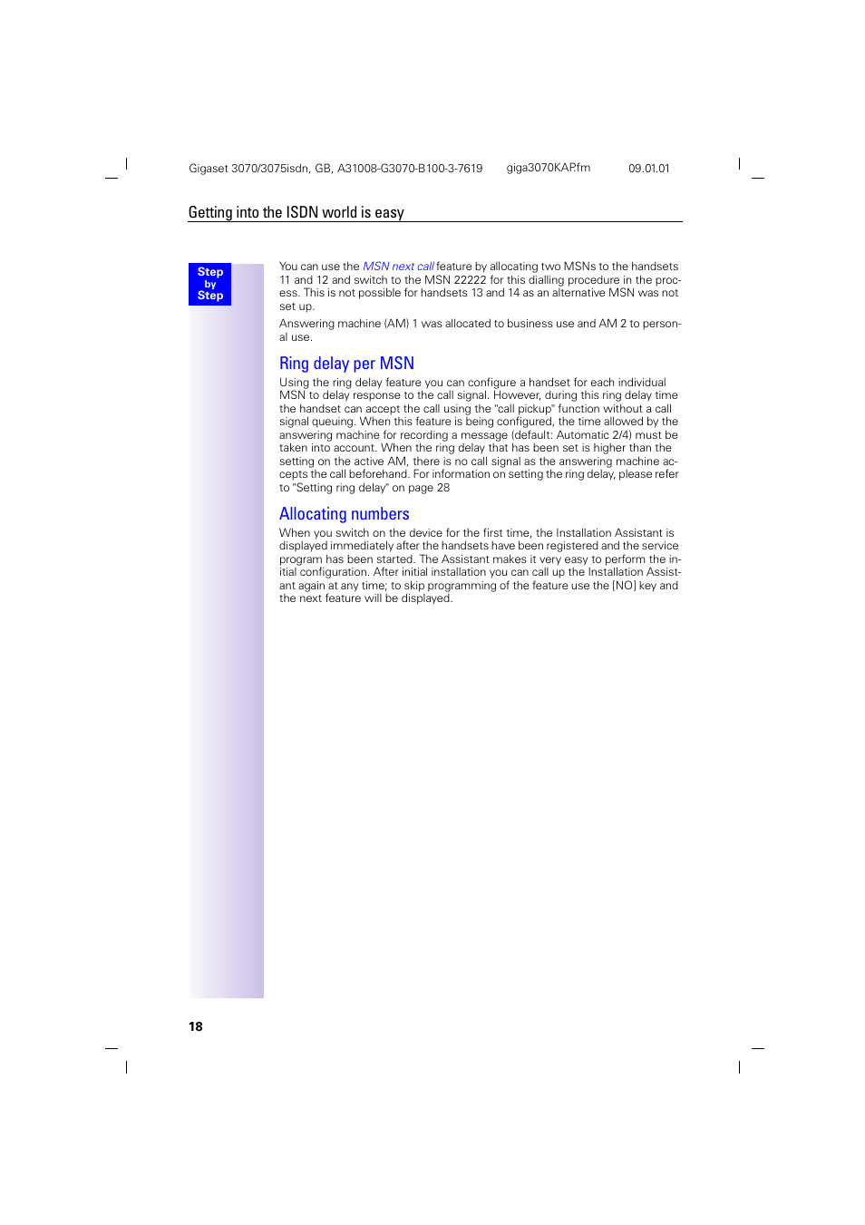 H2 - ring delay per msn, H2 - allocating numbers, Ring delay per msn allocating numbers | Ring delay per msn, Allocating numbers, Getting into the isdn world is easy | Siemens Gigaset 75 User Manual | Page 22 / 83