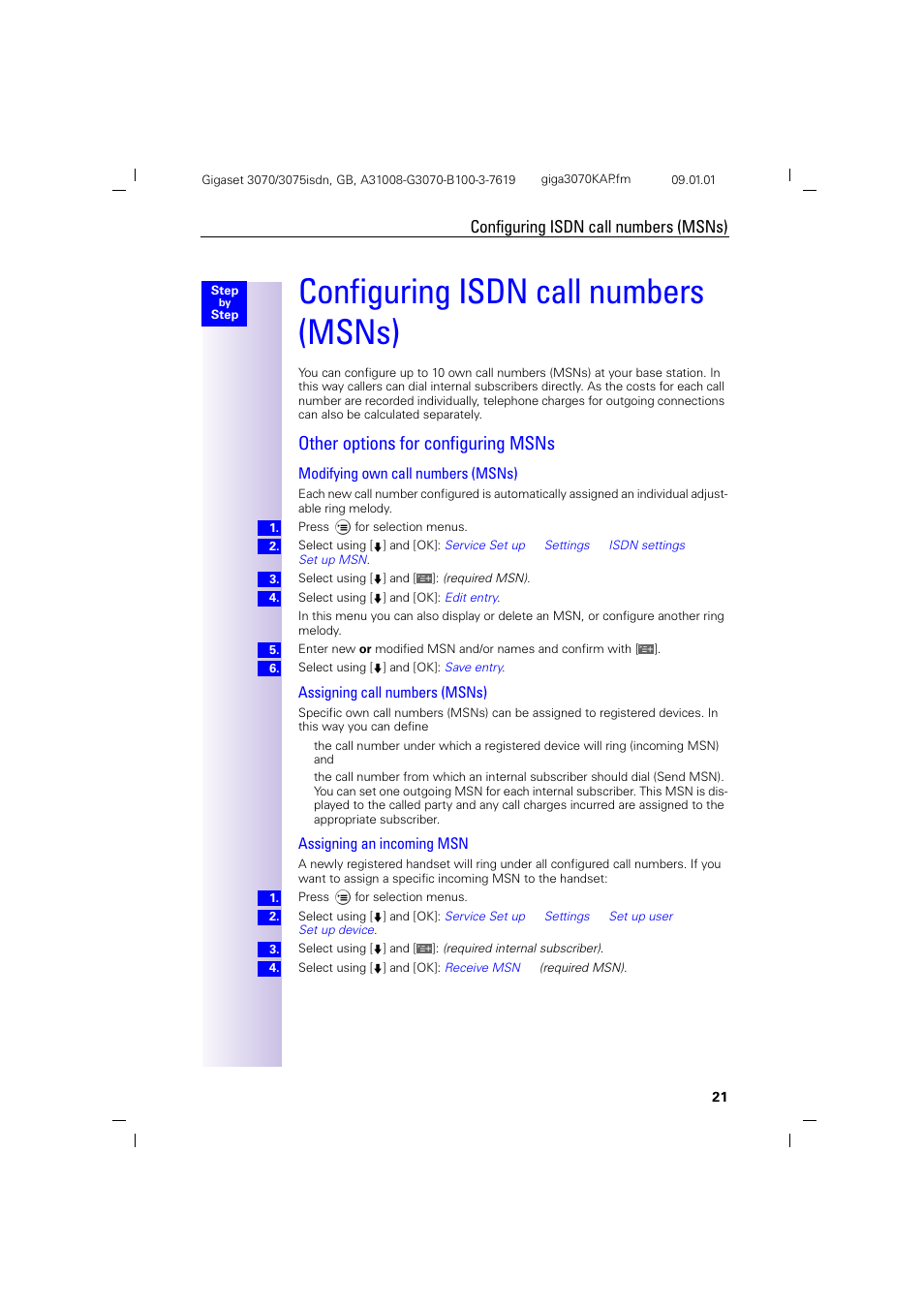 H1.pb - configuring isdn call numbers (msns), H2 - other options for configuring msns, Configuring isdn call numbers (msns) | Other options for configuring msns, Modifying own call numbers (msns), Assigning call numbers (msns), Assigning an incoming msn | Siemens Gigaset 75 User Manual | Page 25 / 83