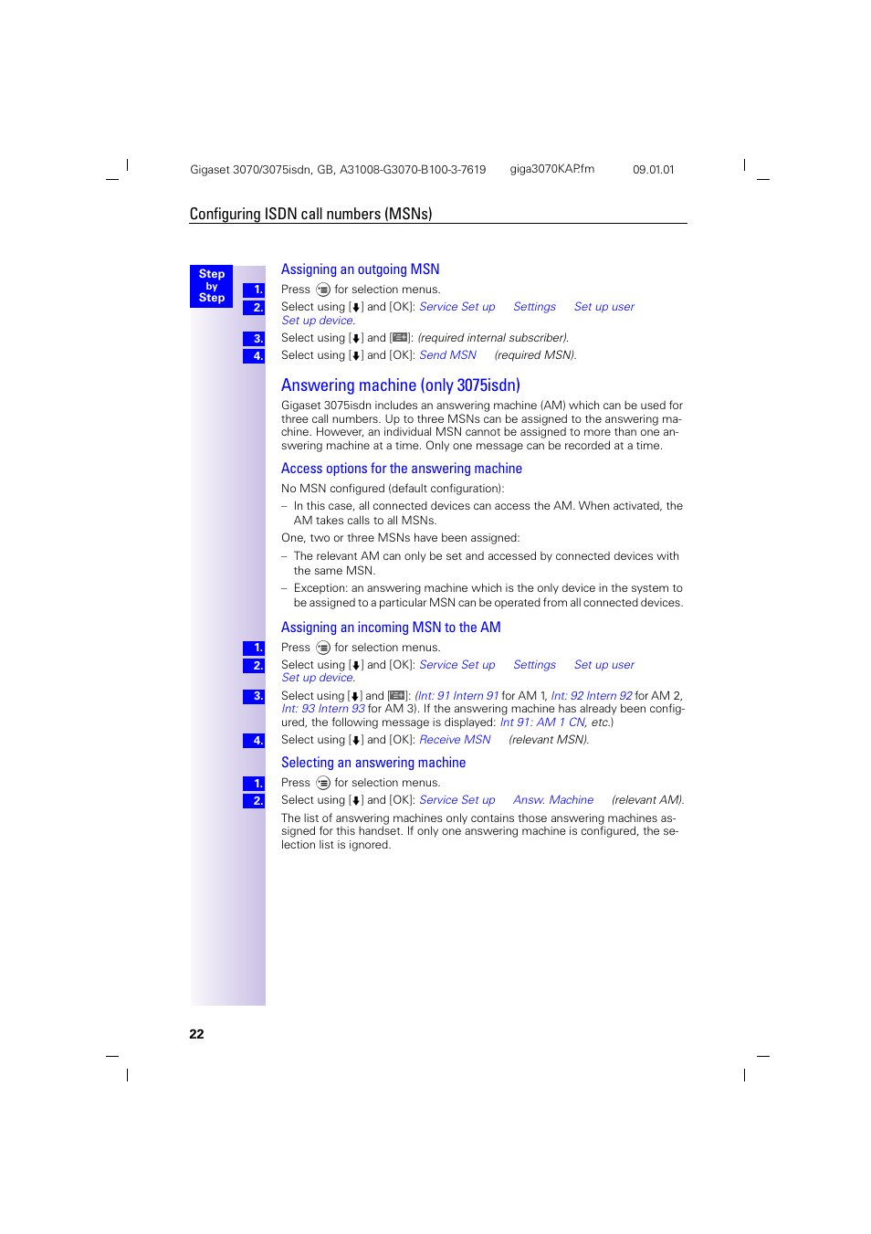 H2.pb - answering machine (only 3075isdn), Answering machine (only 3075isdn), Configuring isdn call numbers (msns) | Assigning an outgoing msn, Access options for the answering machine, Assigning an incoming msn to the am, Selecting an answering machine | Siemens Gigaset 75 User Manual | Page 26 / 83