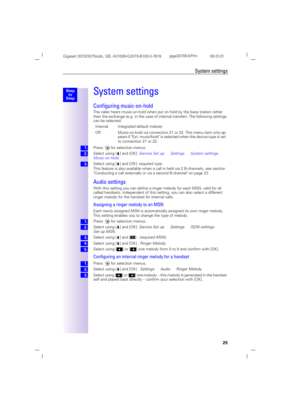 H1.pb - system settings, H2 - configuring music-on-hold, H2 - audio settings | System settings, Configuring music-on-hold audio settings, Configuring music-on-hold, Audio settings, Assigning a ringer melody to an msn | Siemens Gigaset 75 User Manual | Page 29 / 83