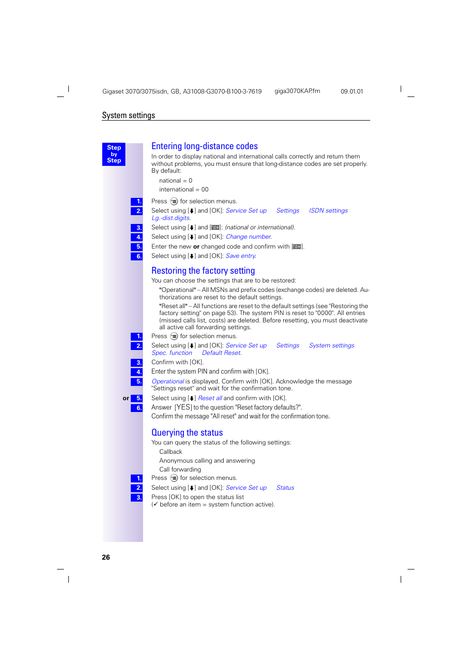 H2.pb - entering long-distance codes, H2 - restoring the factory setting, H2 - querying the status | Entering long-distance codes, Restoring the factory setting, Querying the status, System settings | Siemens Gigaset 75 User Manual | Page 30 / 83